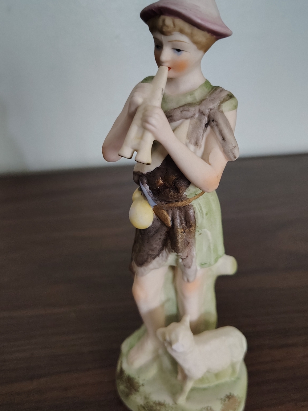 Vintage Porcelain Shepherd Boy Figurine in Pastel Green and Pink